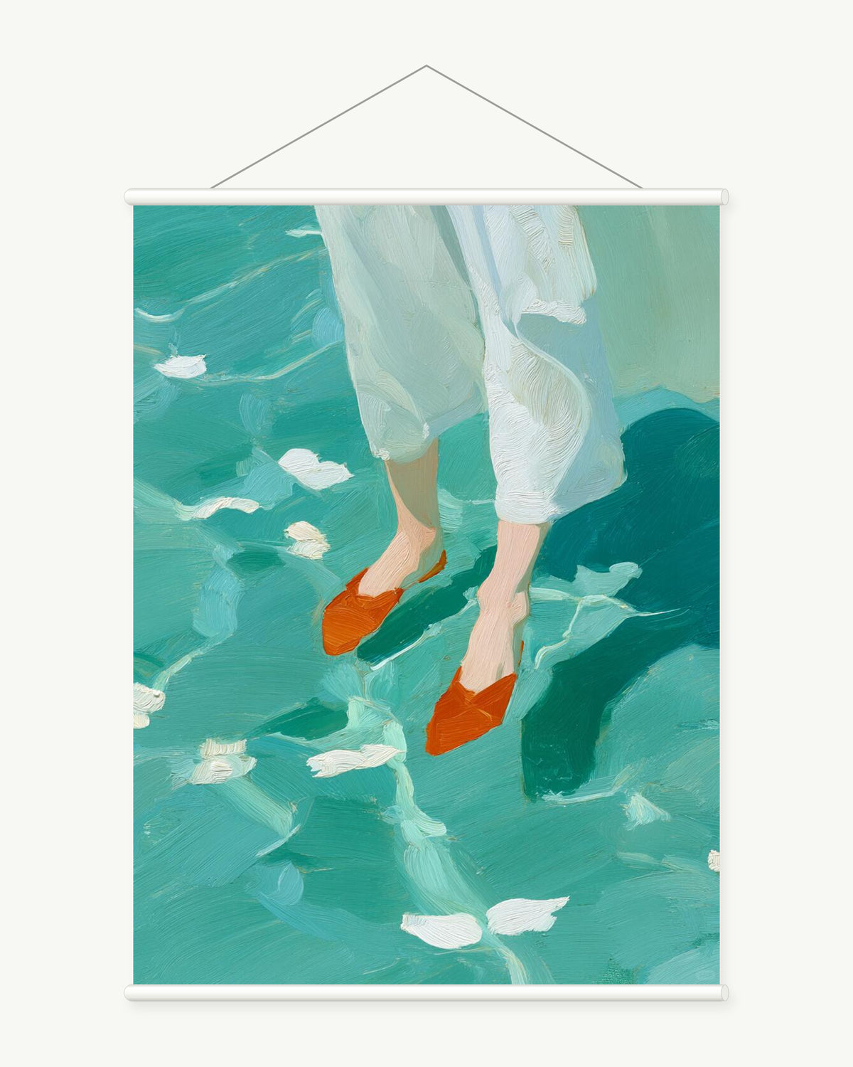 Scarlet Steps art print with included white cylindrical hanging rods