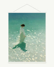Sea Glass Stroll art print with included white cylindrical hanging rods