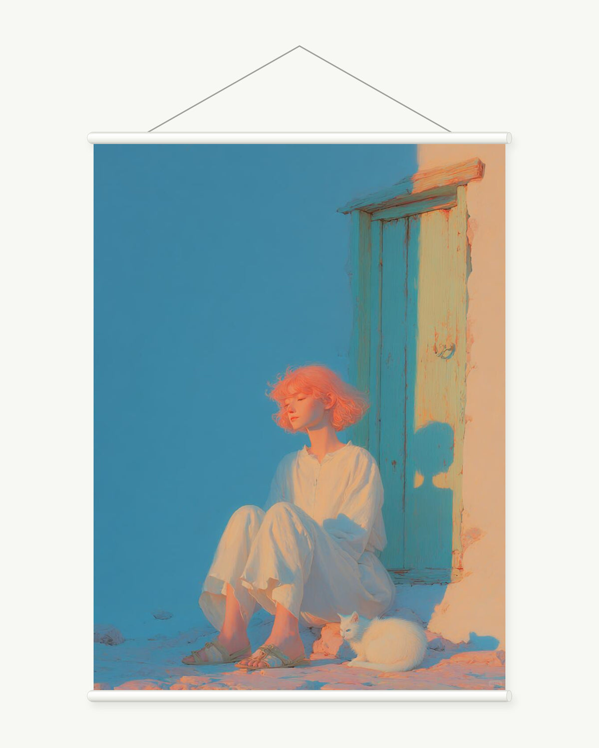 Seaside Doorway art print with included white cylindrical hanging rods