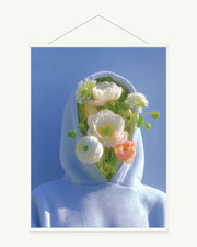 Sky Blue Bouquet art print with included white cylindrical hanging rods