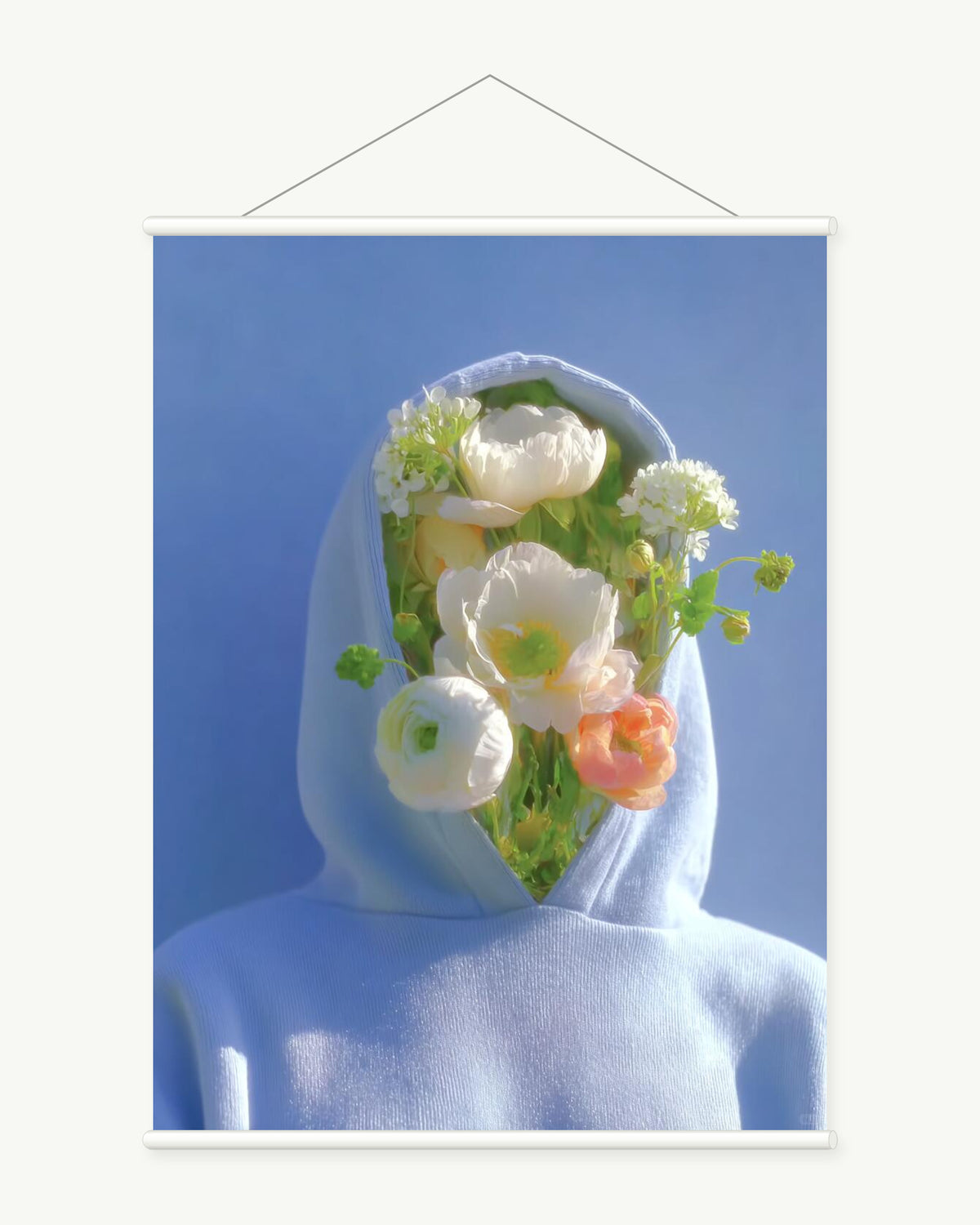 Sky Blue Bouquet art print with included white cylindrical hanging rods