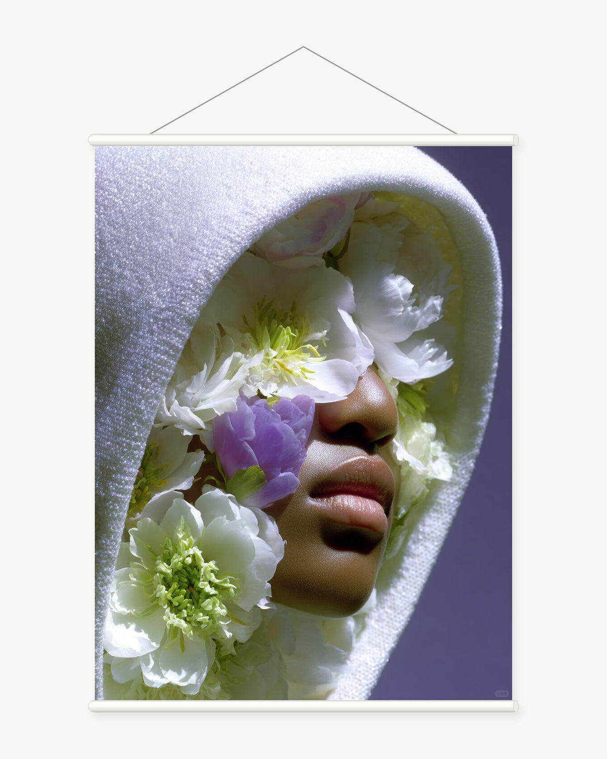 Soft Rose Halo art print with included white cylindrical hanging rods