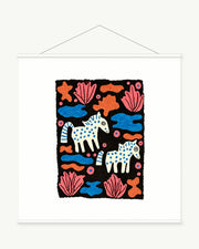 Spotted Horse Garden art print with included white cylindrical hanging rods