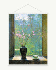 Spring at the Window art print with included white cylindrical hanging rods