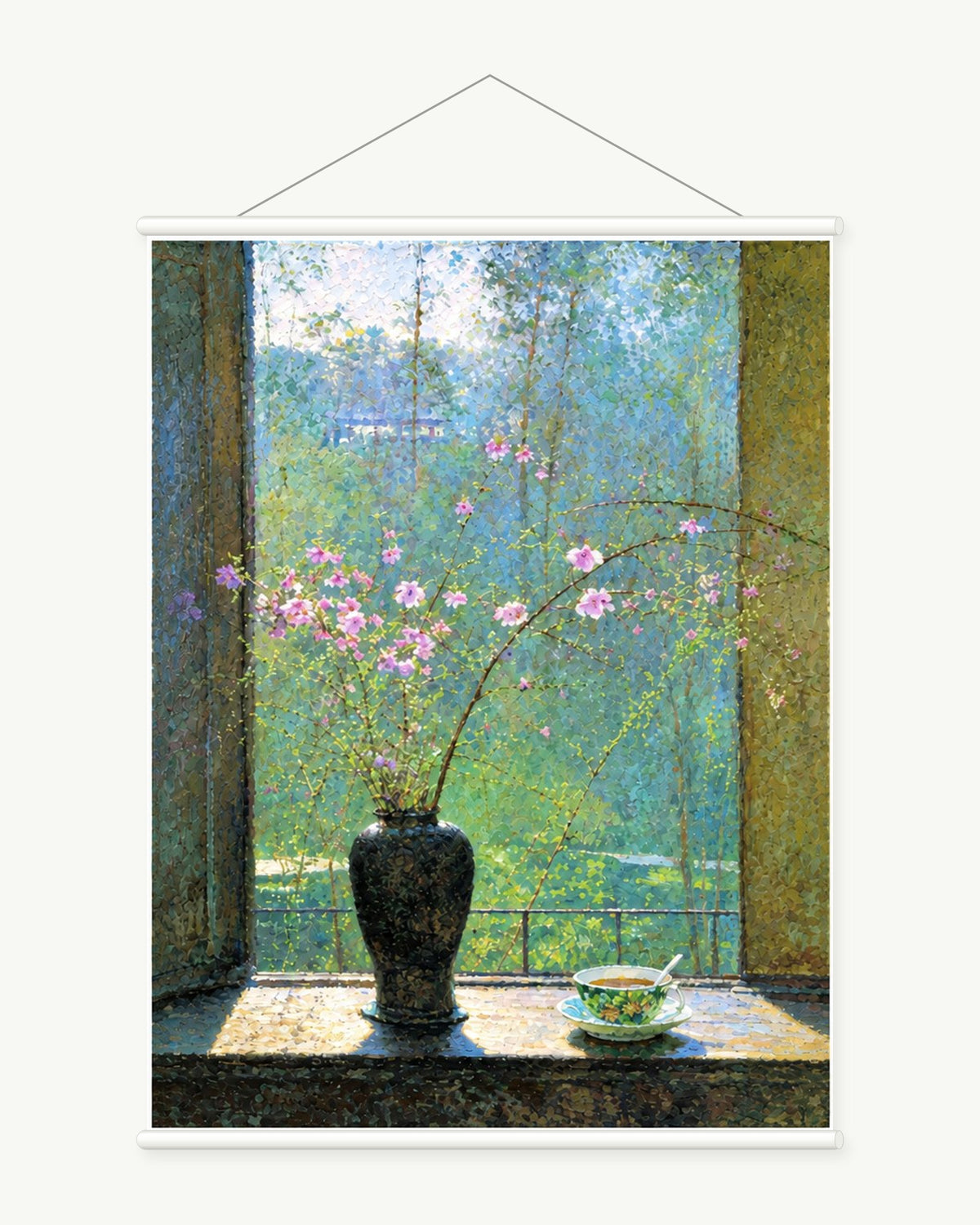 Spring at the Window art print with included white cylindrical hanging rods