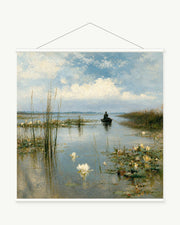 Still Lake Passage art print with included white cylindrical hanging rods
