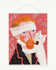 Storybook Cat art print with included white cylindrical hanging rods