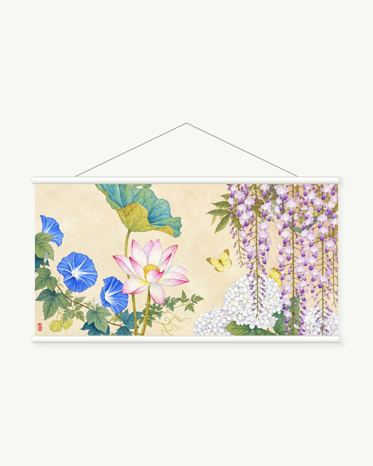 Summer Floral Scroll art print with included white cylindrical hanging rods