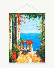 Summer from the Blue Window art print with included white cylindrical hanging rods