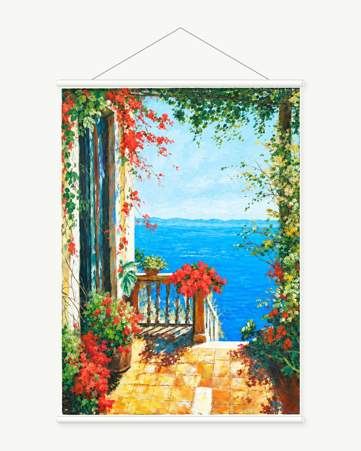 Summer from the Blue Window art print with included white cylindrical hanging rods