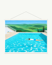 Summer Pool art print with included white cylindrical hanging rods