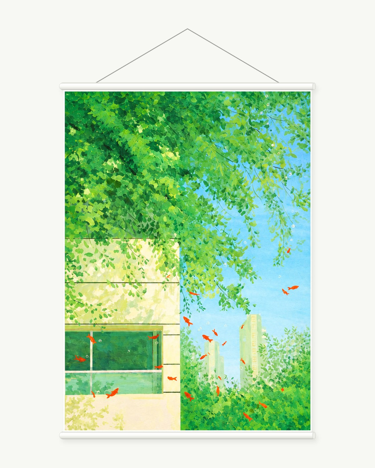 Summer Tennis Garden art print with included white cylindrical hanging rods