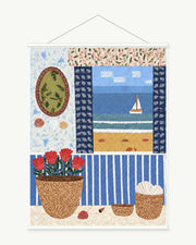 Summer Window Patchwork art print with included white cylindrical hanging rods