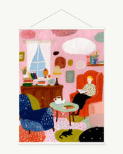 Sunday by the Sea art print with included white cylindrical hanging rods
