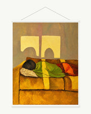 Sunday Rest art print with included white cylindrical hanging rods