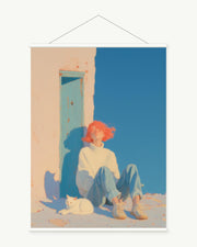 Sunlit Courtyard art print with included white cylindrical hanging rods