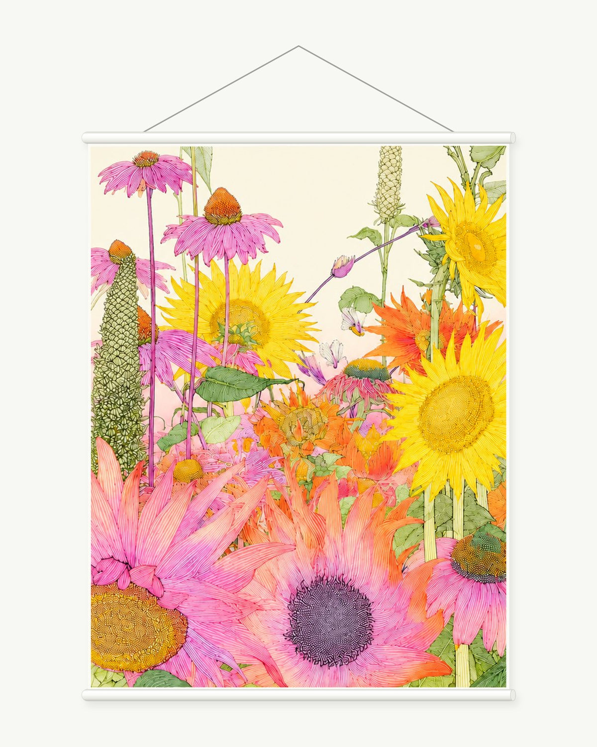 Sunlit Wildflowers art print with included white cylindrical hanging rods