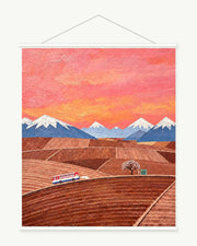 Sunset Across the Plains art print with included white cylindrical hanging rods