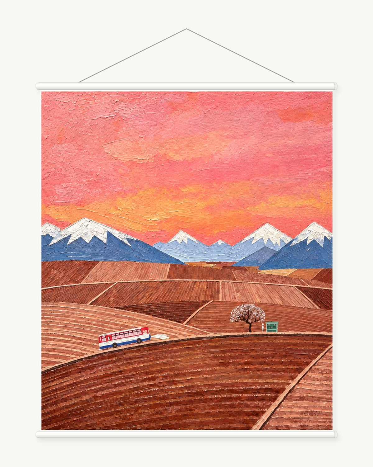 Sunset Across the Plains art print with included white cylindrical hanging rods