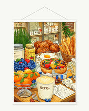 Sweet Market Morning art print with included white cylindrical hanging rods