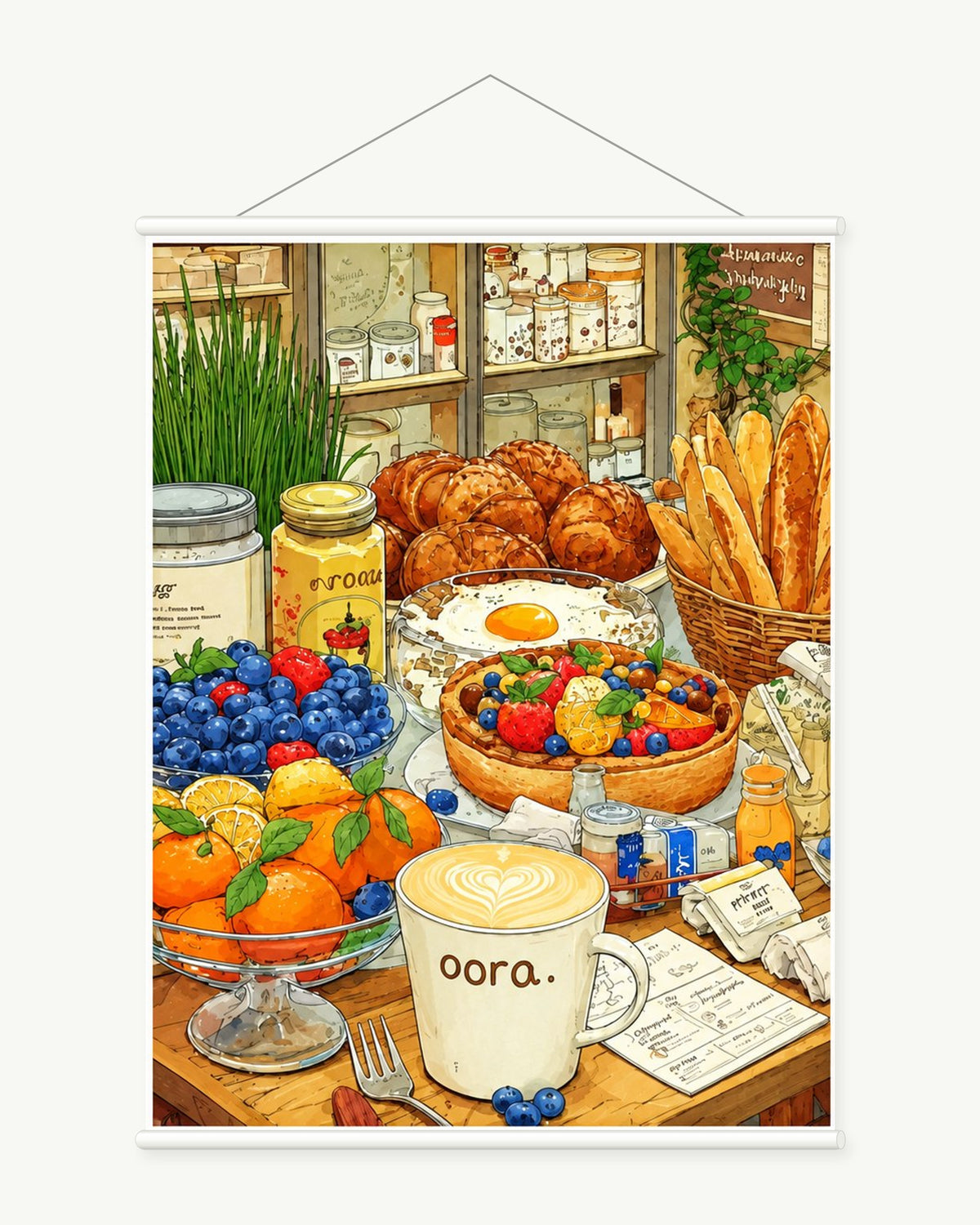 Sweet Market Morning art print with included white cylindrical hanging rods