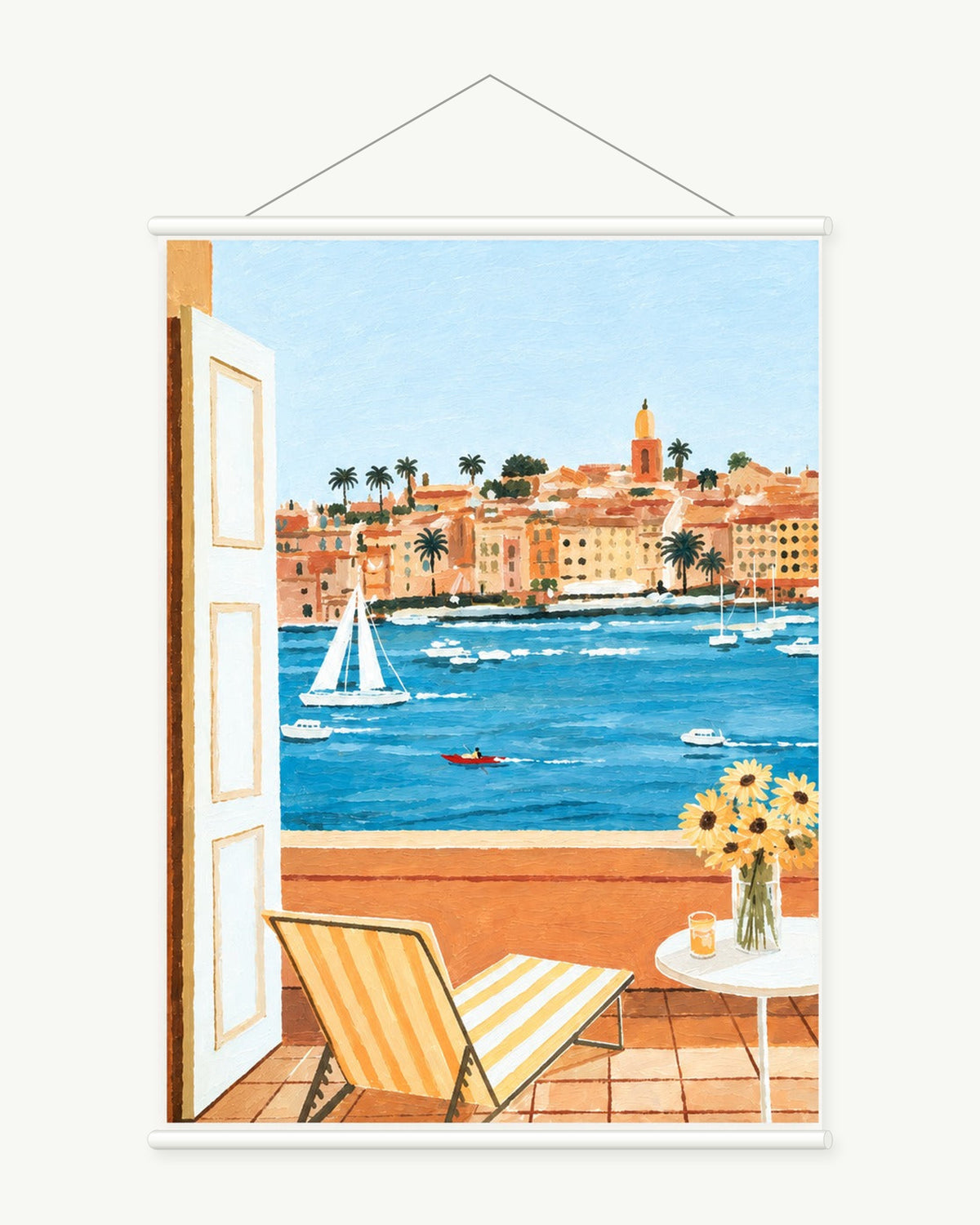 Terrace Over the Bay art print with included white cylindrical hanging rods