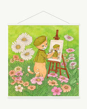 The Cat Painter art print with included white cylindrical hanging rods