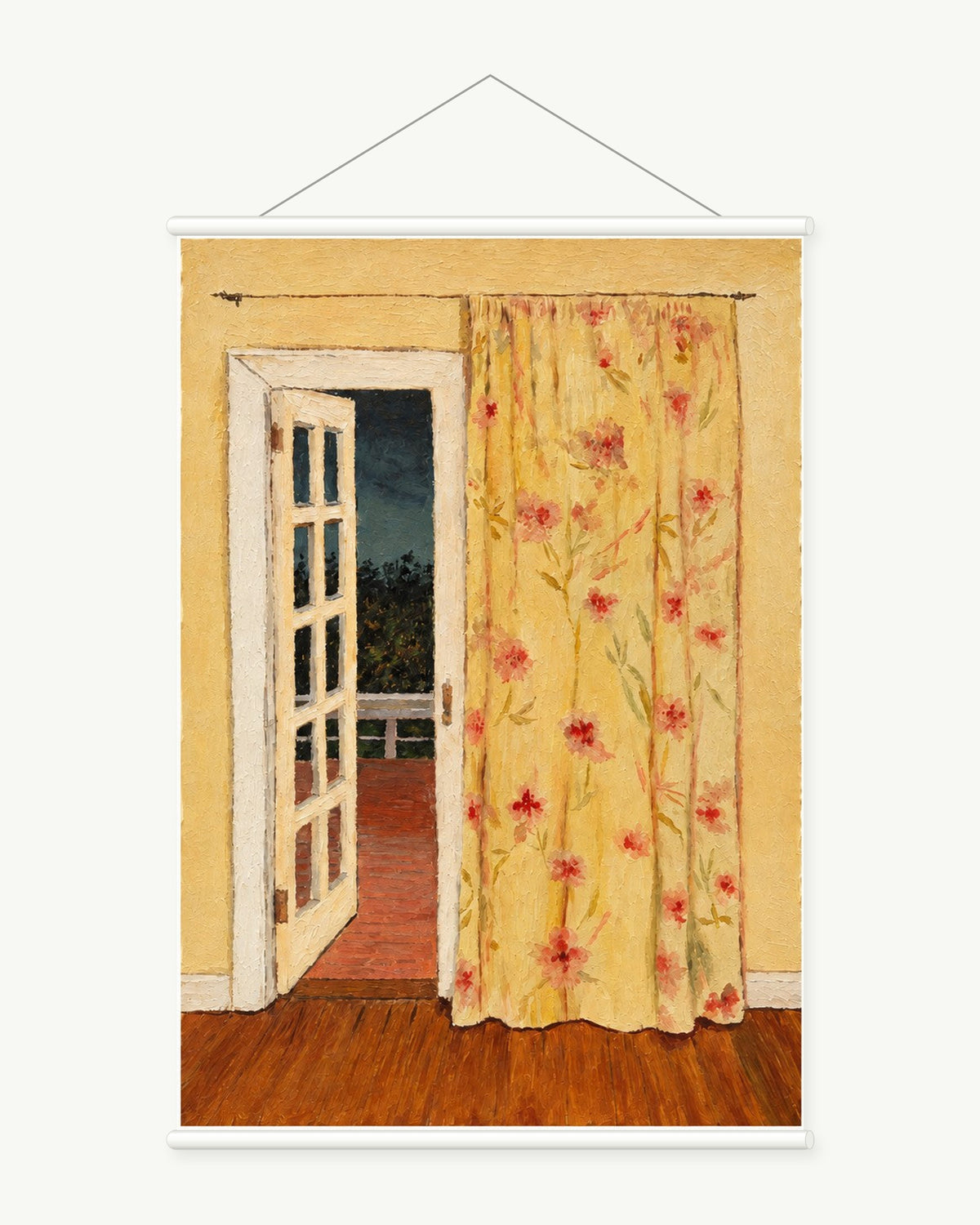 The Door in Evening Light art print with included white cylindrical hanging rods