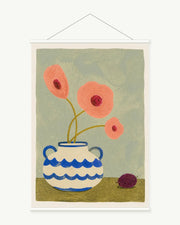 Three Coral Blooms art print with included white cylindrical hanging rods