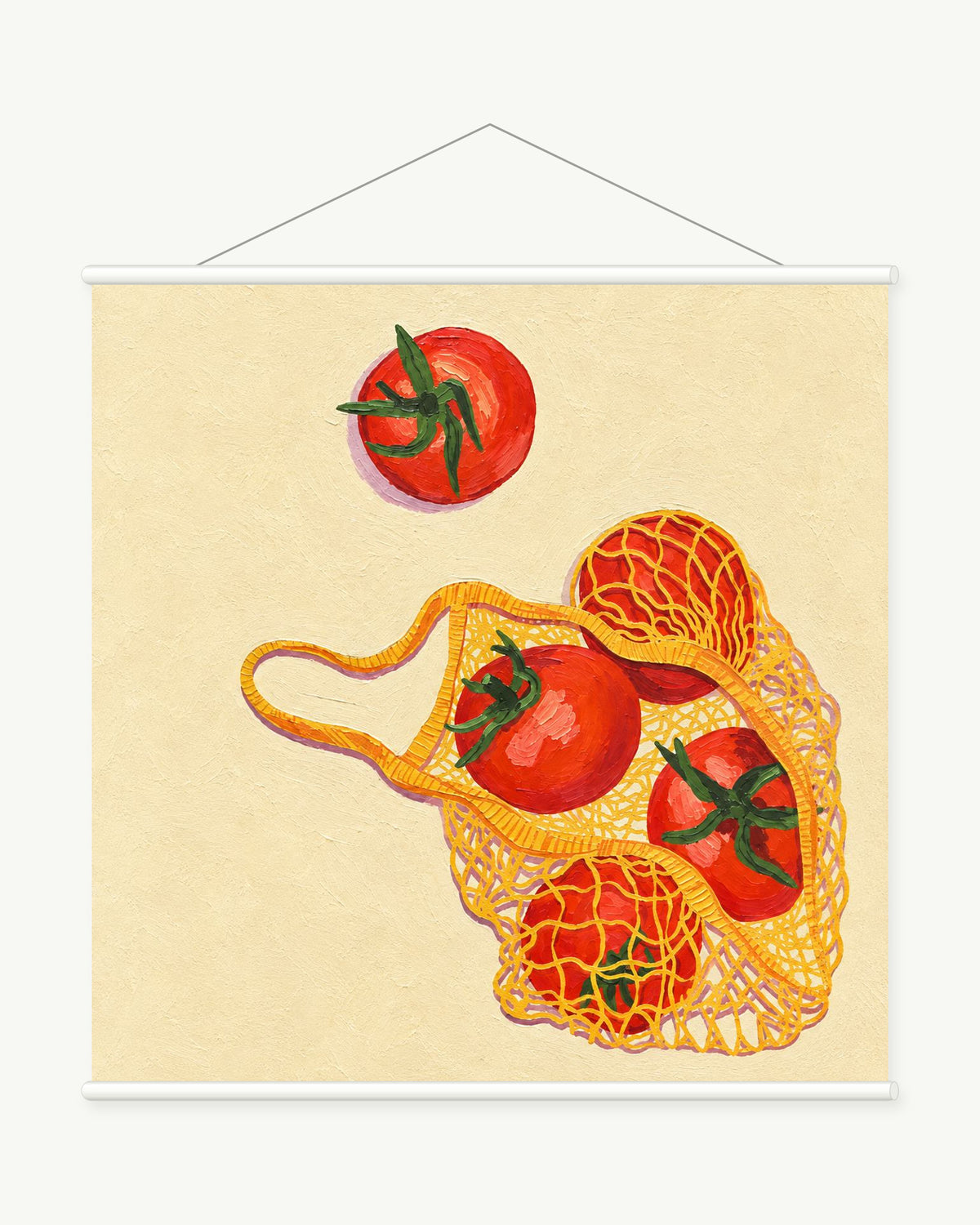 Tomato Basket art print with included white cylindrical hanging rods