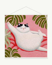 Tropical Recline art print with included white cylindrical hanging rods