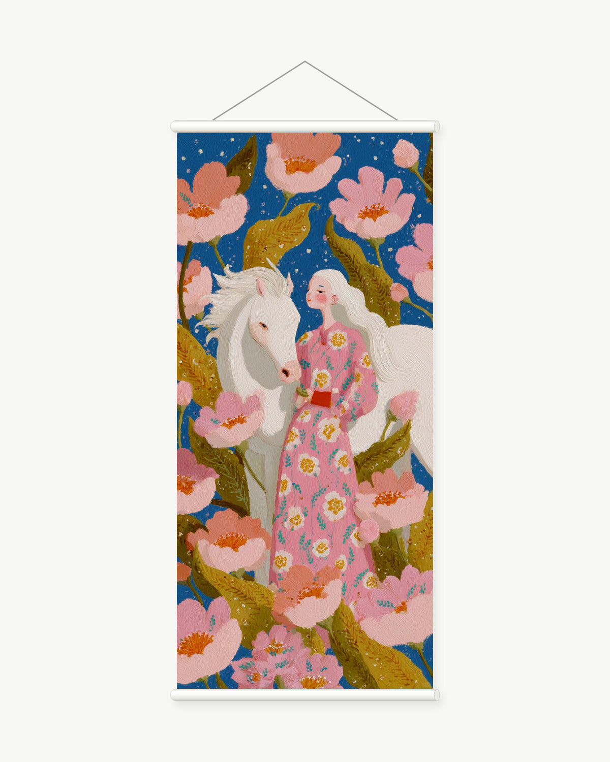 Tulip Rider art print with included white cylindrical hanging rods