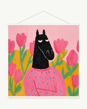 Tulip Sweater Horse art print with included white cylindrical hanging rods