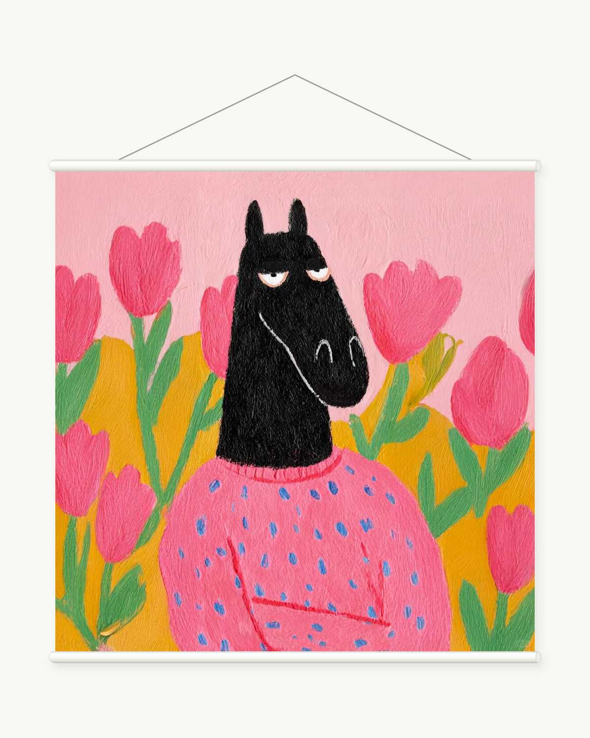 Tulip Sweater Horse art print with included white cylindrical hanging rods