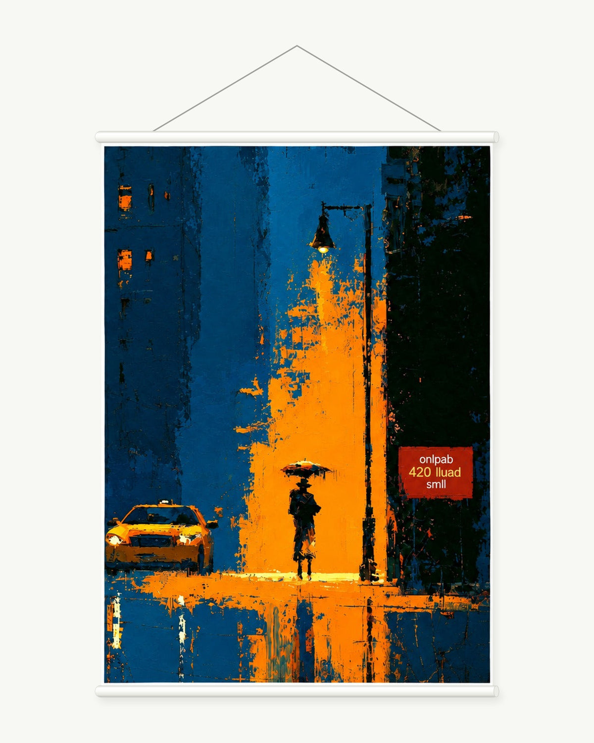 Under the Streetlamp art print with included white cylindrical hanging rods