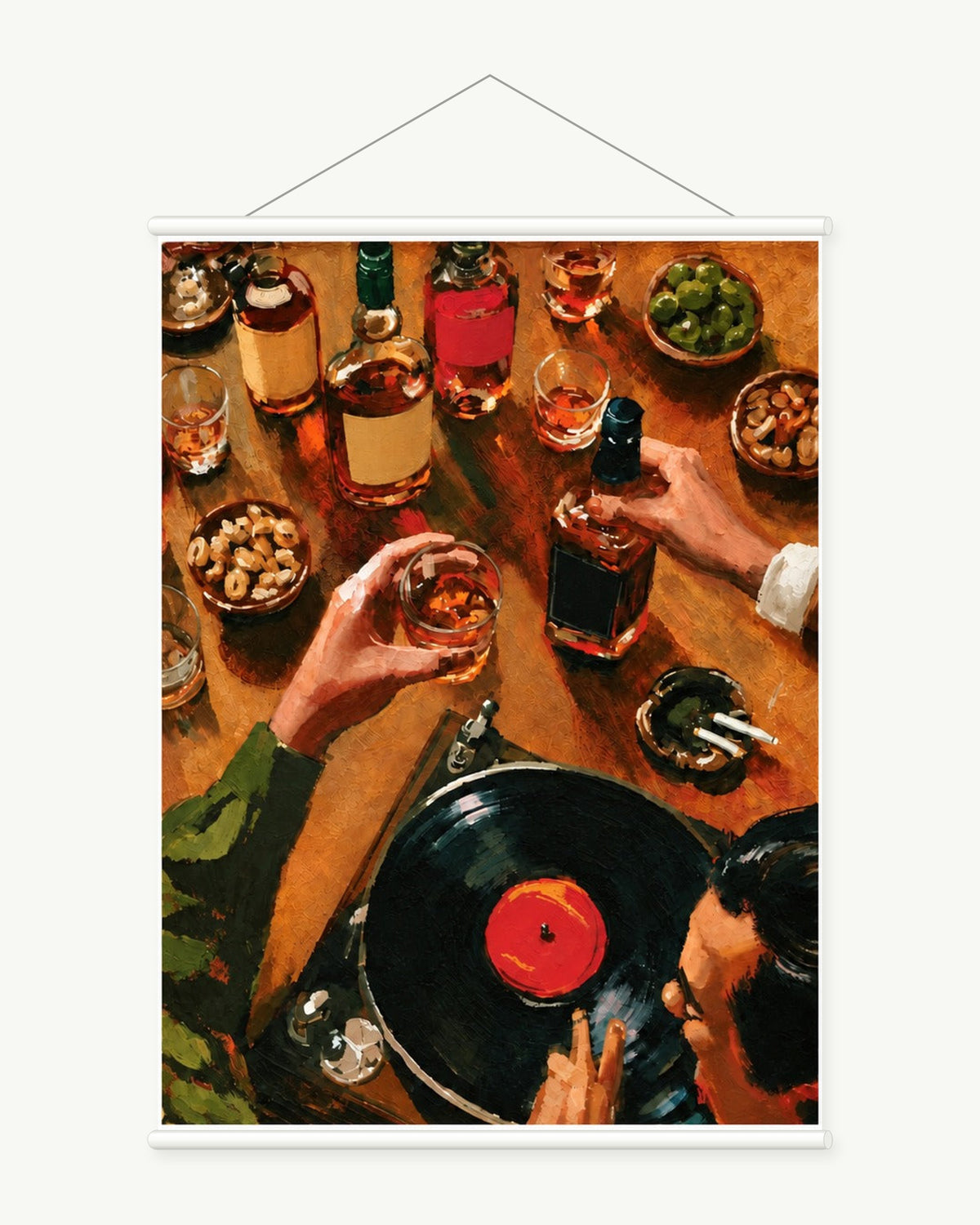 Vinyl After Hours art print with included white cylindrical hanging rods