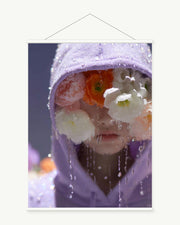 Violet Rain Veil art print with included white cylindrical hanging rods