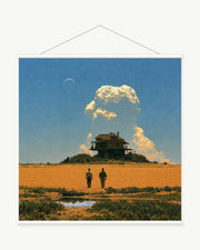 Walking Through Open Fields art print with included white cylindrical hanging rods