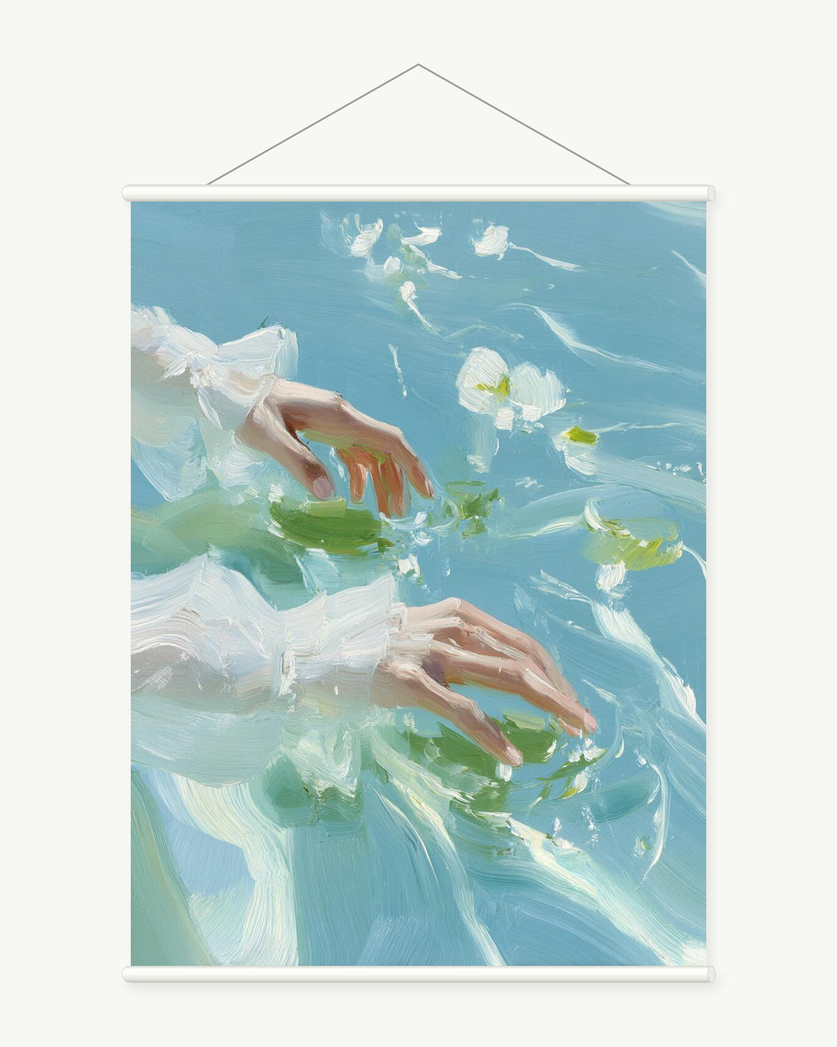 Water Lilies Touch art print with included white cylindrical hanging rods