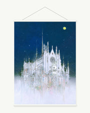 White Cathedral at Moonrise art print with included white cylindrical hanging rods