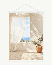 White Curtains by the Sea art print with included white cylindrical hanging rods