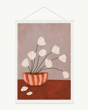 White Petals at Dusk art print with included white cylindrical hanging rods