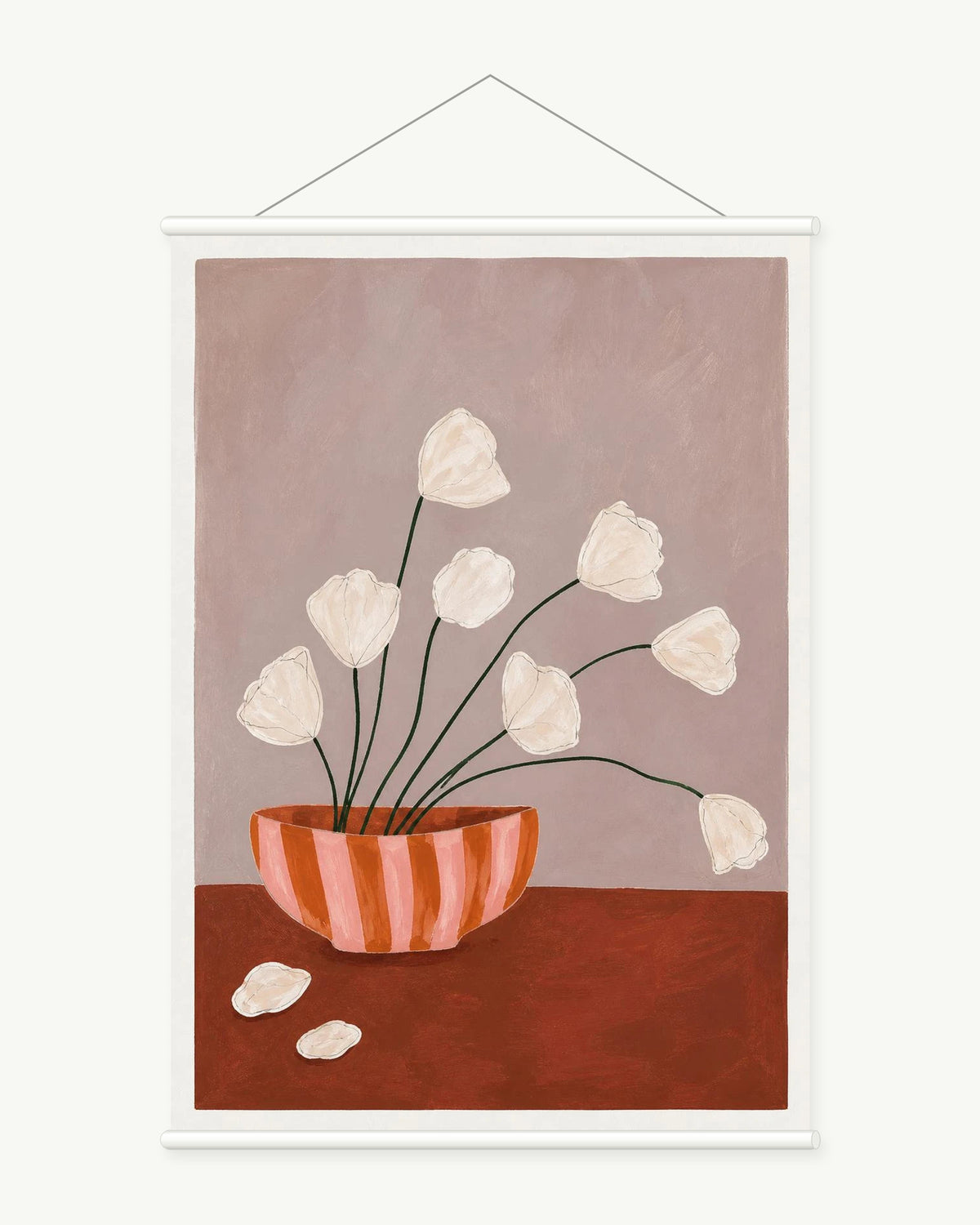 White Petals at Dusk art print with included white cylindrical hanging rods