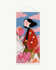 Wind in Tulips art print with included white cylindrical hanging rods