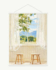 Window to the Hills art print with included white cylindrical hanging rods
