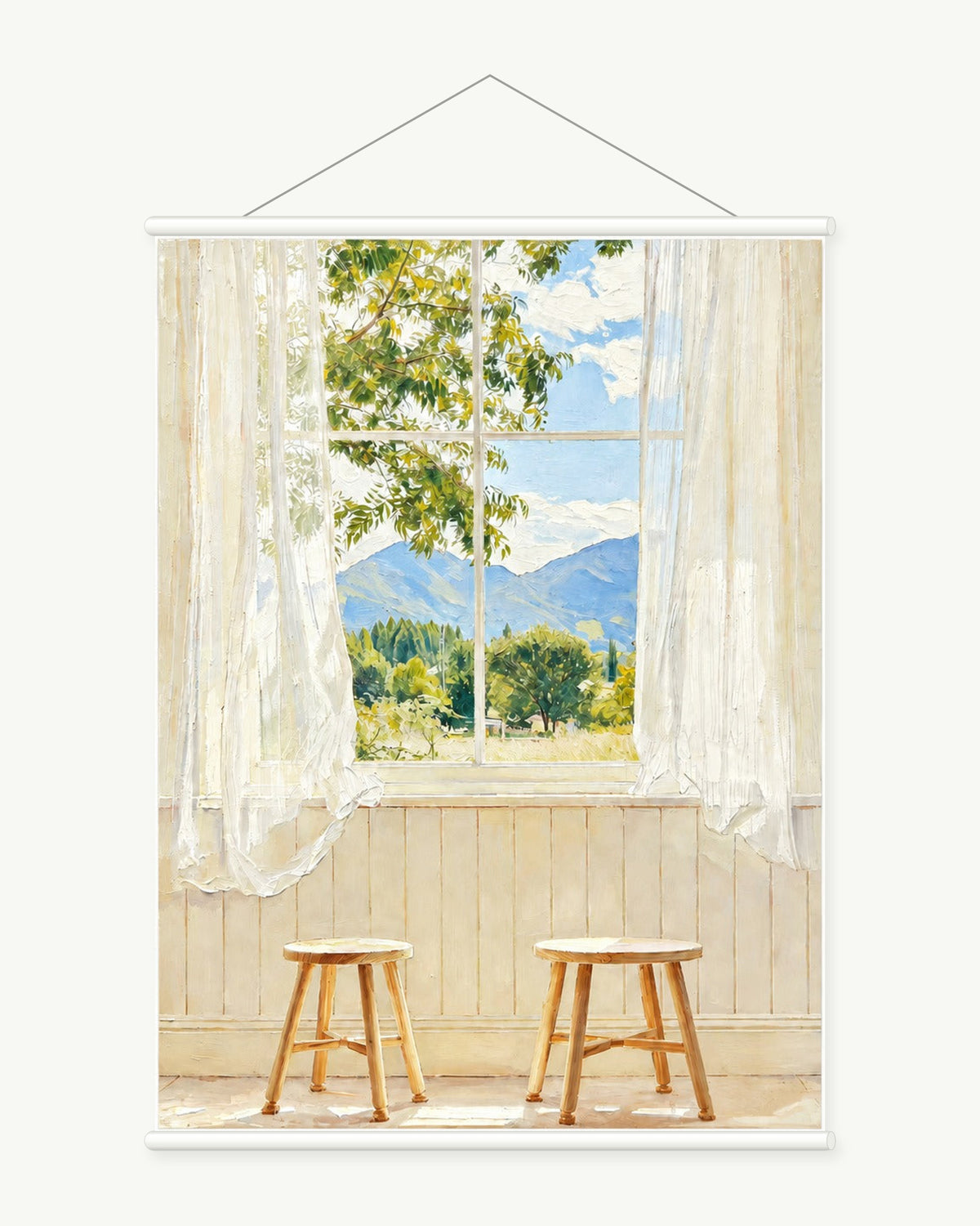 Window to the Hills art print with included white cylindrical hanging rods
