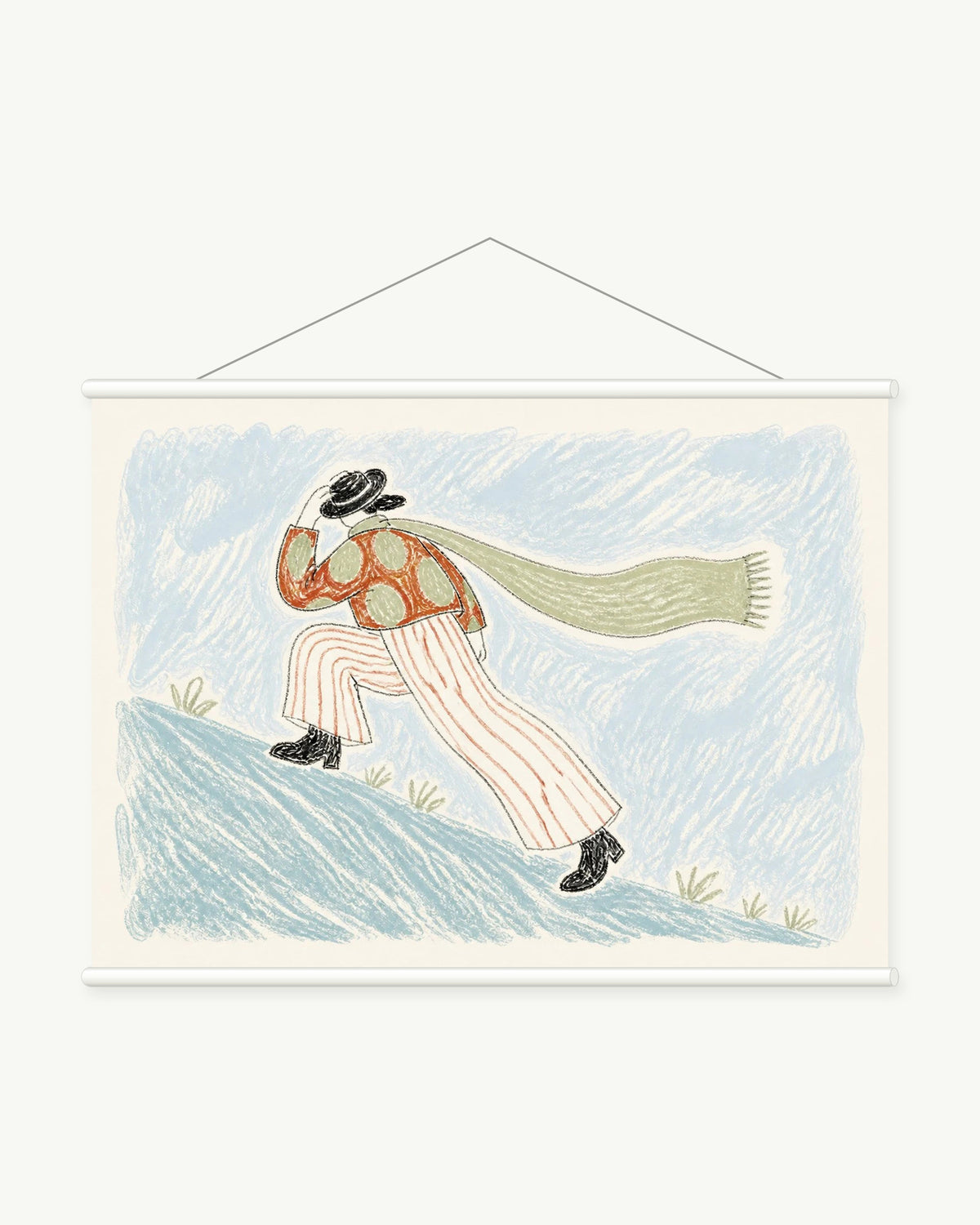 Windy Hill Walker art print with included white cylindrical hanging rods