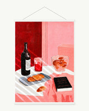 Wine at Dusk art print with included white cylindrical hanging rods