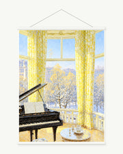 Winter Piano Room art print with included white cylindrical hanging rods