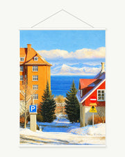 Winter Village art print with included white cylindrical hanging rods